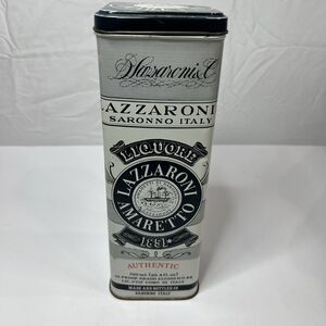 RARE Larzzaroni & Co Sarrona Italy Amaretto Liquore Tin Navy blue &White